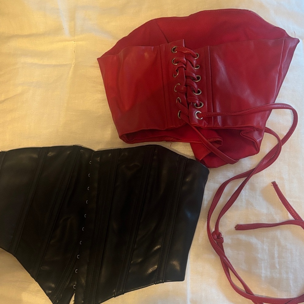 Red and Black Lace-Up Corset Tops